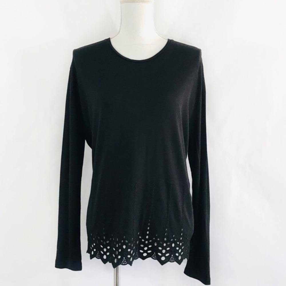 THE KOOPLES Black Broderie Long Sleeve Tee Lyocell/Cotton